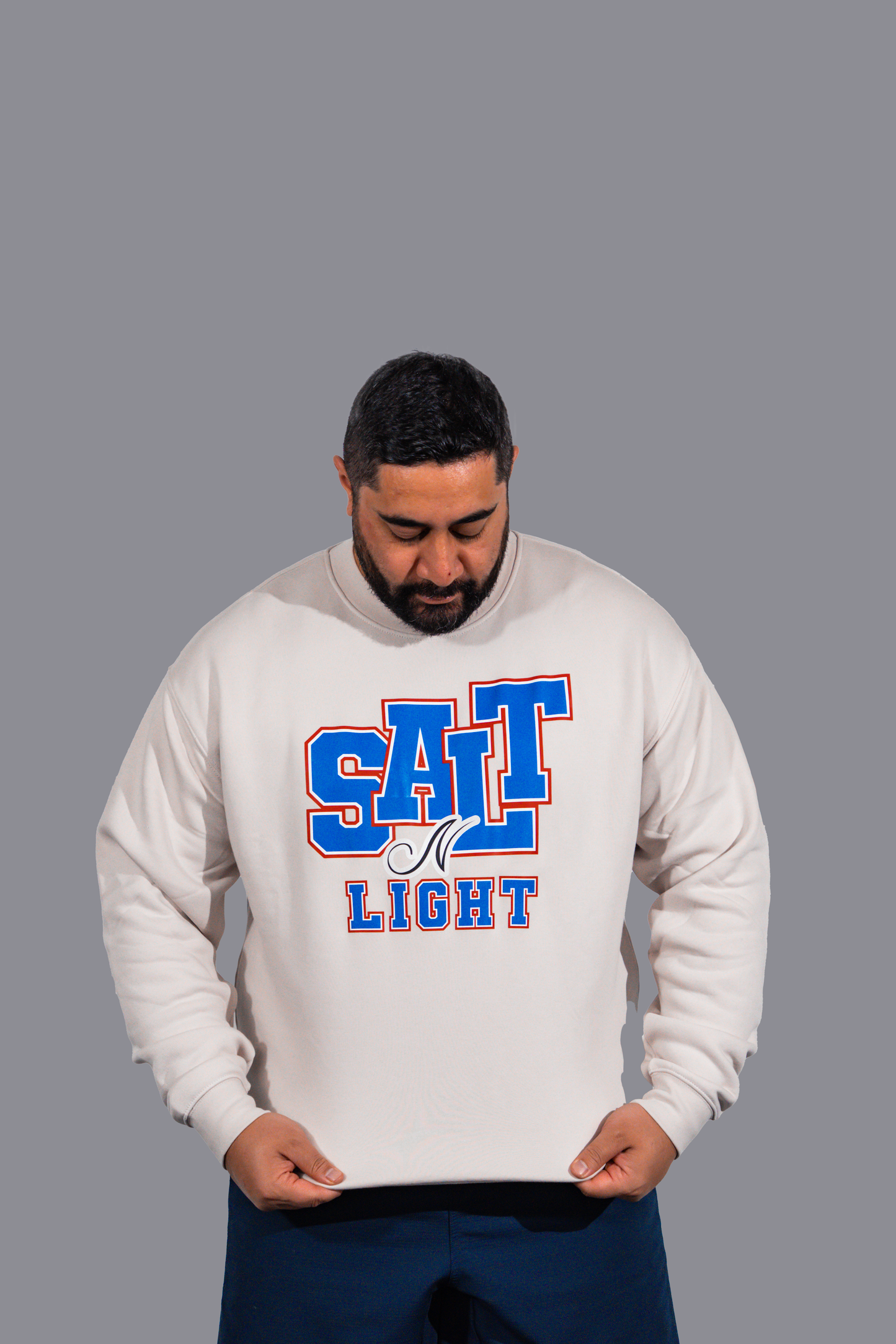 SALT N LIGHT CREW NECK - Bone with Blue Font