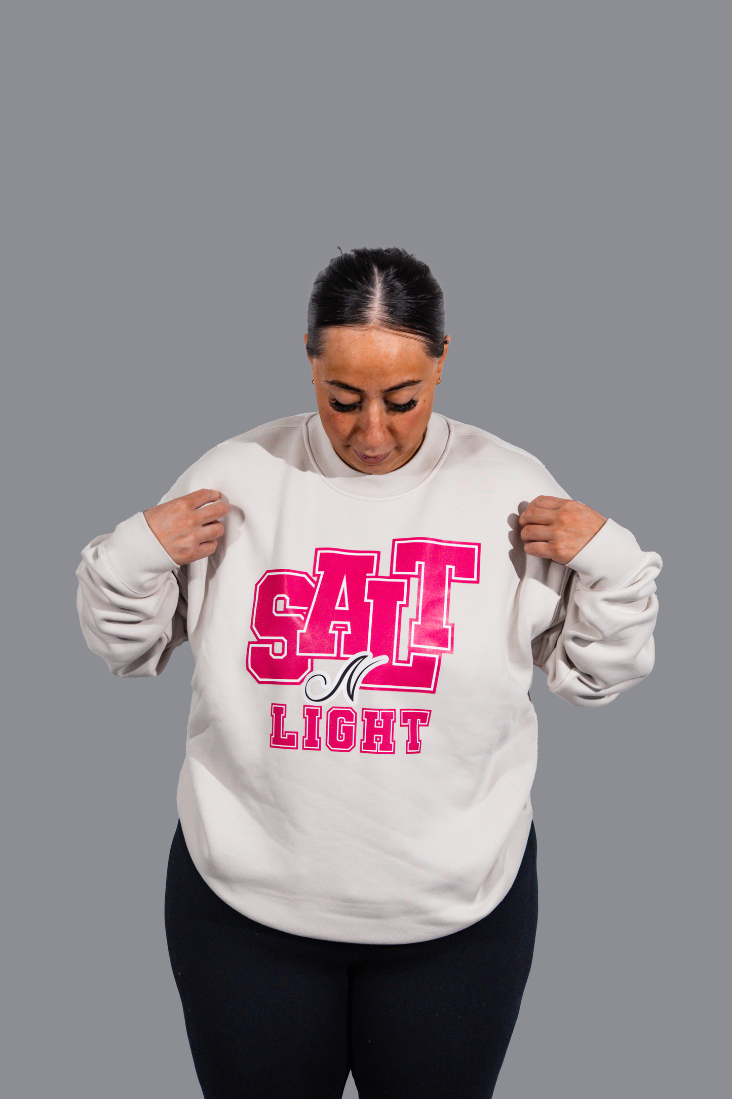 SALT N LIGHT CREW NECK - Bone with Pink Font