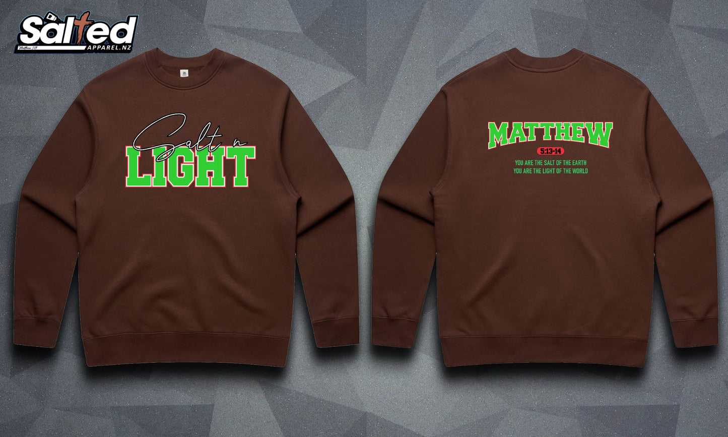 SALT N LIGHT CREW NECK - BROWN WITH GREEN FONT