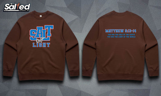 SALT N LIGHT CREW NECK - BROWN WITH BLUE FONT