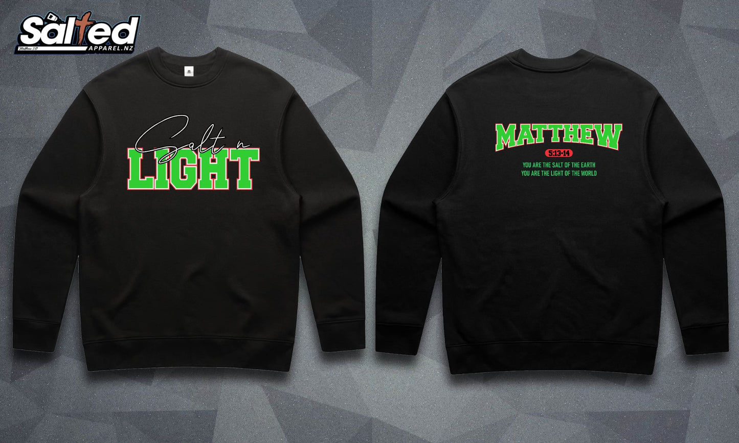 SALT N LIGHT CREW NECK - BLACK WITH GREEN FONT