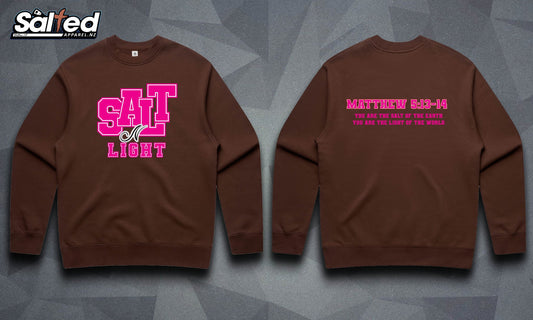 SALT N LIGHT CREW NECK - BROWN WITH PINK FONT