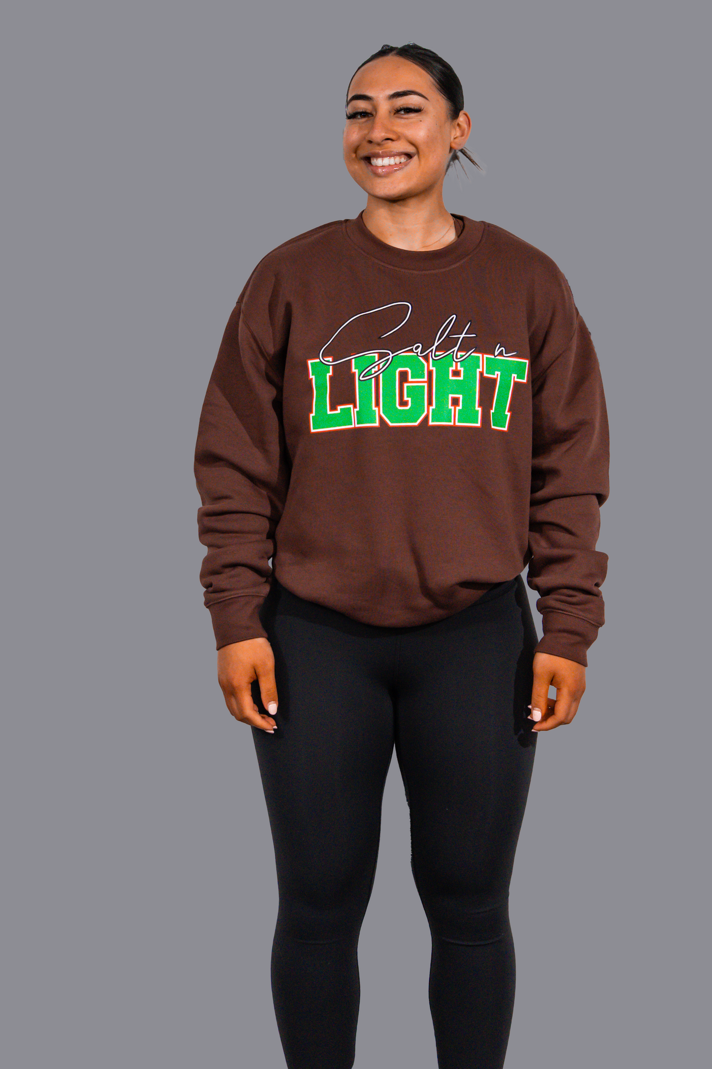 SALT N LIGHT CREW NECK - BROWN WITH GREEN FONT